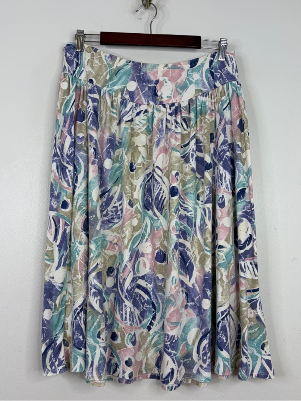 Vintage Midi Skirt Womens XL XXL Blue Green Printed Cotton Jersey 80s Pockets